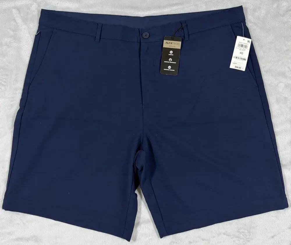NWT Alfani Alfatech Stretch Tech Shorts 40 Navy Flat Front Golf Smart Casual